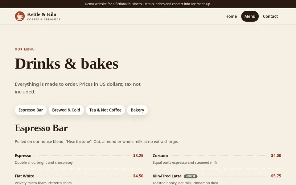 Menu page on desktop, listing drinks and pastries with prices