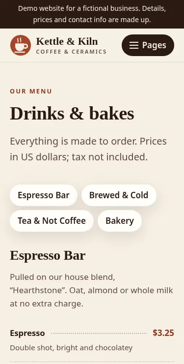Menu page on a phone